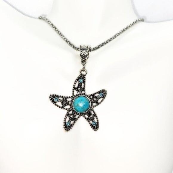 Silver-Tone Turquoise Starfish Necklace - Picture 1 of 7